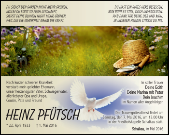 Traueranzeige von Heinz Pfütsch von Südthüringer Presse