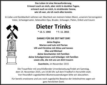 Traueranzeige von Dieter Trinks von Südthüringer Presse