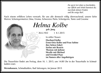 Traueranzeige von Helma Kolbe von 26011
