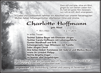 Traueranzeige von Charlotte Hoffmann von Südthüringer Presse
