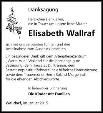 Traueranzeige von Elisabeth Wallraf von Südthüringer Presse