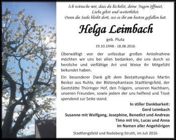 Traueranzeige von Helga Leimbach von Südthüringer Presse