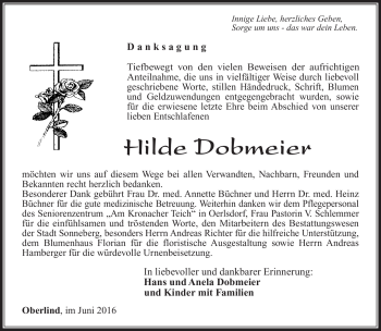 Traueranzeige von Hilde Dobmeier von Südthüringer Presse