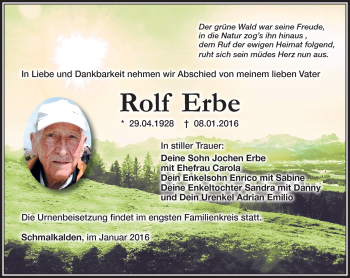 Traueranzeige von Rolf Erbe von Südthüringer Presse