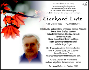Traueranzeige von Gerhard Lutz von Südthüringer Presse