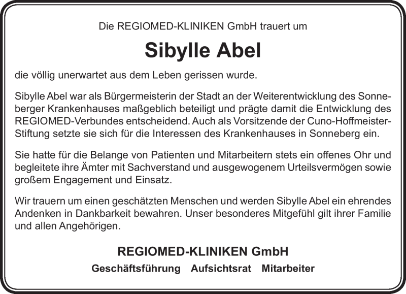  Traueranzeige für Sibylle Abel vom 03.05.2016 aus Südthüringer Presse