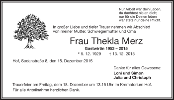 Traueranzeige von Thekla Merz von Frankenpost