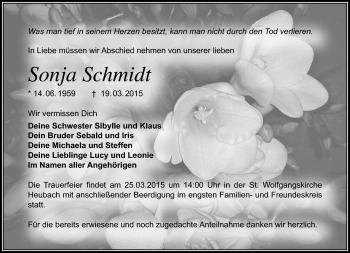 Traueranzeige von Sonja Schmidt von Südthüringer Presse