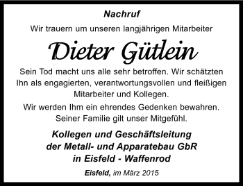 Traueranzeige von Dieter Gütlein von Südthüringer Presse