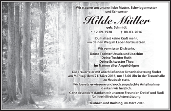 Traueranzeige von Hilde Müller von Südthüringer Presse