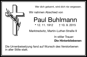 Traueranzeige von Paul Buhlmann von Frankenpost