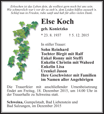 Traueranzeige von Else Koch von Südthüringer Presse
