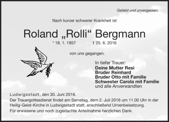 Traueranzeige von Roland Bergmann von Neue Presse Coburg