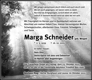 Traueranzeige von Marga Schneider von Südthüringer Presse