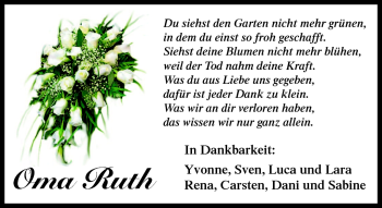 Traueranzeige von Ruth Wilhelm von Südthüringer Presse