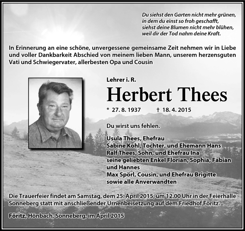  Traueranzeige für Herbert Thees vom 22.04.2015 aus Südthüringer Presse