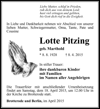 Traueranzeige von Lotte Pitzing von Südthüringer Presse