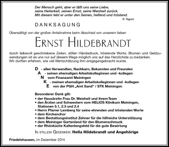 Traueranzeige von Ernst Hildebrand von Südthüringer Presse