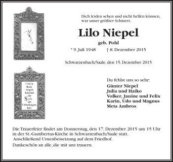 Traueranzeige von Lilo Niepel von Frankenpost