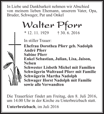 Traueranzeige von Walter Pforr von Südthüringer Presse