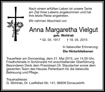 Traueranzeige von Anna Margaretha Vielgut von Frankenpost