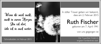 Traueranzeige von Ruth Fischer von Südthüringer Presse