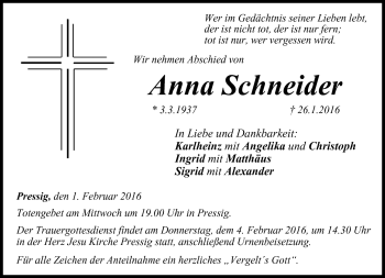 Traueranzeige von Anna Schneider von Neue Presse Coburg