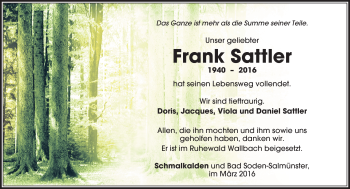 Traueranzeige von Frank Sattler von Südthüringer Presse