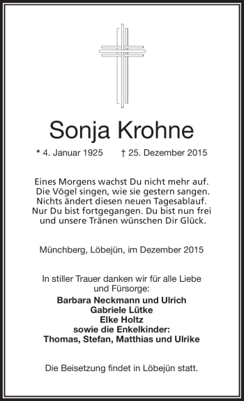 Traueranzeige von Sonja Krohne von Frankenpost