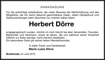 Traueranzeige von Herbert Dörre von Südthüringer Presse