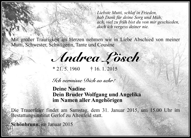  Traueranzeige für Andrea Lösch vom 24.01.2015 aus Südthüringer Presse