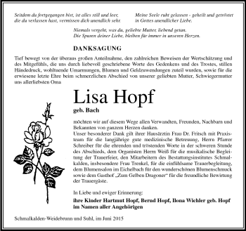 Traueranzeige von Lisa Hopf von Südthüringer Presse