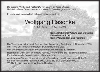 Traueranzeige von Wolfgang Raschke von Frankenpost