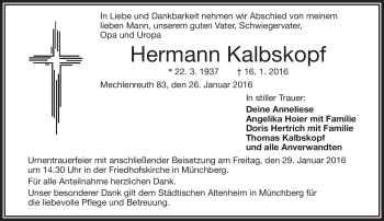 Traueranzeige von Hermann Kalbskopf von Frankenpost