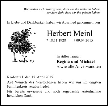 Traueranzeige von Herbert Meinl von Neue Presse Coburg