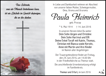 Traueranzeige von Paula Heimrich von Südthüringer Presse