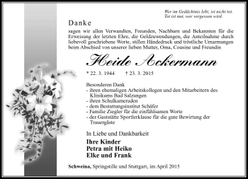 Traueranzeige von Heidi Ackermann von Südthüringer Presse