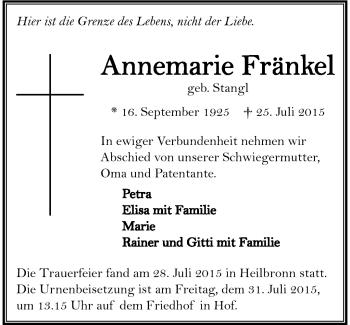 Traueranzeige von Annemarie Fränkel von Frankenpost