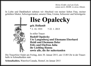 Traueranzeige von Ilse Opalecky von Südthüringer Presse