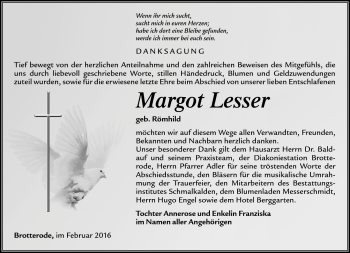 Traueranzeige von Margot Lesser von Südthüringer Presse