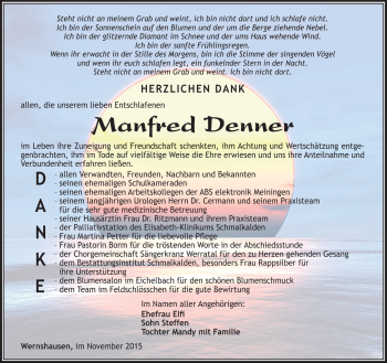 Traueranzeige von Manfred Denner von Südthüringer Presse