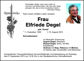 Traueranzeige von Elfriede Degel von Neue Presse Coburg