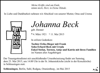 Traueranzeige von Johanna Beck von Südthüringer Presse