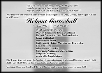 Traueranzeige von Helmut Gottschall von Südthüringer Presse