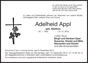 Traueranzeige von Adelheid Appl von Neue Presse Coburg