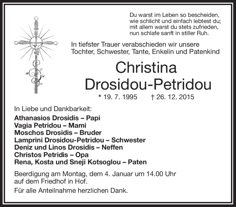 Traueranzeige für Christina Drosidou-Petridou vom 02.01.2016 aus Frankenpost