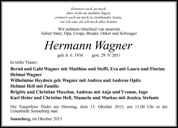 Traueranzeige von Hermann Wagner von Südthüringer Presse