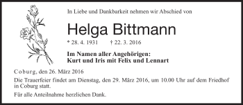 Traueranzeige von Helga Bittmann von Neue Presse Coburg