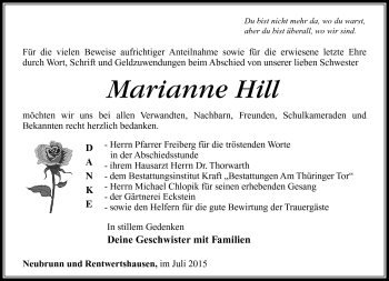 Traueranzeige von Marianne Hill von Südthüringer Presse