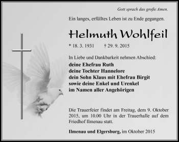 Traueranzeige von Helmuth Wohlfeil von Südthüringer Presse